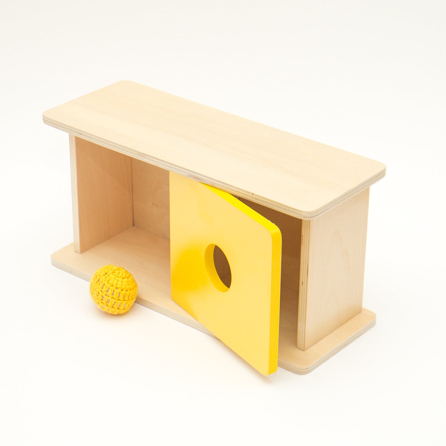 Montessori toys Australia: Imbucare Box with Flip Lid and Knit Ball